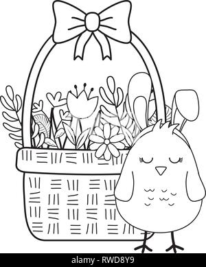 Kleine Küken mit Ohren Kaninchen in Floral Warenkorb Ostern Charakter Stock Vektor