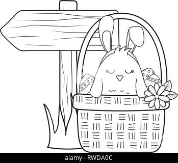 Kleine Küken mit Ohren Kaninchen in Floral Warenkorb Ostern Charakter Stock Vektor