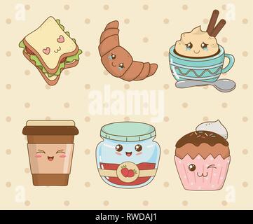 Satz von Bäckerei Essen kawaii Zeichen Stock Vektor