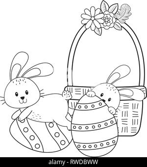 Kleine Hasen mit Ei im Korb Ostern Charakter lackiert Stock Vektor