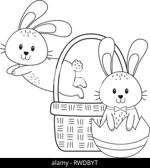 Kleine Hasen mit Ei im Korb Ostern Charakter lackiert Stock Vektor