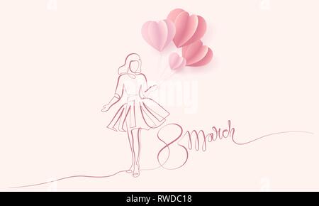 Glücklich 8. März Tag der Frauen. Kontinuierliche eine Linie zeichnen. Mädchen in festliches Kleid mit Papier Luft Ballons in Herzform. Vector Illustration Stock Vektor