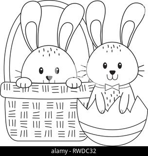 Kleine Hasen mit Ei im Korb Ostern Charakter lackiert Stock Vektor