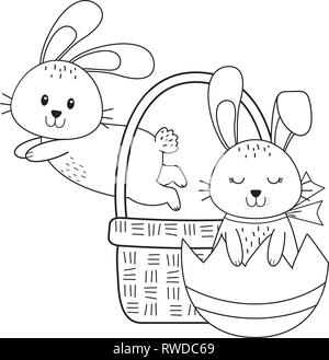 Kleine Hasen mit Ei im Korb Ostern Charakter lackiert Stock Vektor