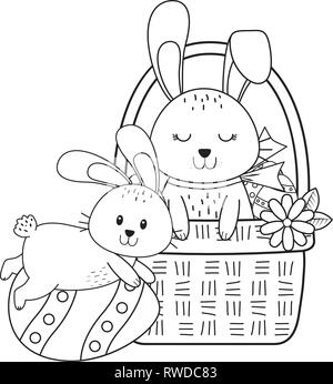 Kleine Hasen mit Ei im Korb Ostern Charakter lackiert Stock Vektor