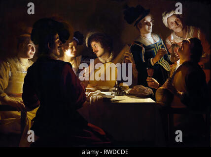 Frohe Gesellschaft mit einem Lautenspieler 1619, Gherardo Delle Notti - Gerrit Honthorst 1592-1656, Niederländisch, Niederlande, (Caravaggists, Stil von Caravaggio) Stockfoto