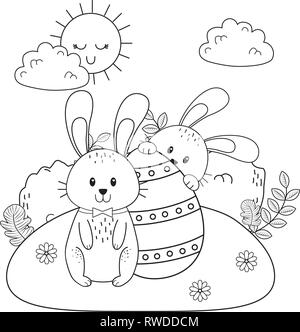 Kleine Hasen mit Ei im Garten gemalt Stock Vektor
