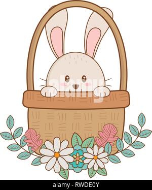 Kleine Hase im Korb mit Blumen Ostern Charakter Stock Vektor
