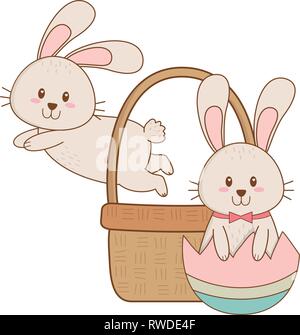 Kleine Hasen mit Ei im Korb Ostern Charakter lackiert Stock Vektor