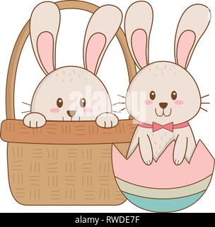 Kleine Hasen mit Ei im Korb Ostern Charakter lackiert Stock Vektor