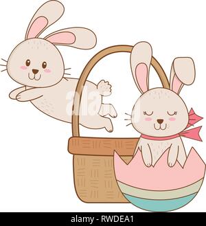 Kleine Hasen mit Ei im Korb Ostern Charakter lackiert Stock Vektor