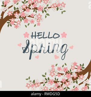 Hallo Frühling Label mit Ast und Blumen Stock Vektor