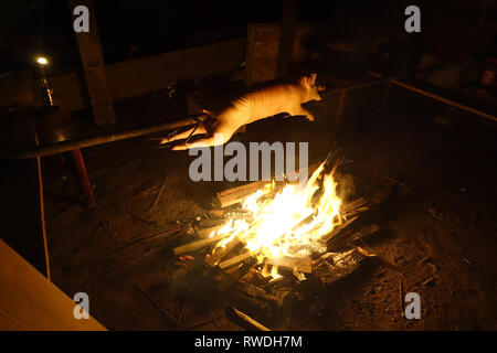 Kochen Schwein am Spieß braten Über das Feuer - Siargao, Philippinen Stockfoto