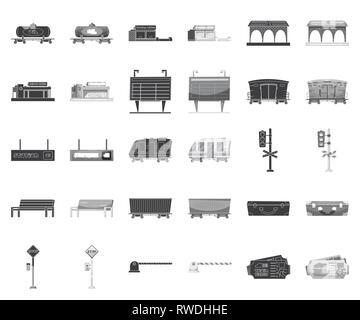 Diesel, Tank, ticket-Büro, Plattform, Architektur, Ankunft, Schlitten, Board, elektrisch, Semaphore, Sitzbank, Tasche, Stop, Barriere, Pass, Lokomotive, Zisterne, Buchung, Gebäude, Bau, Info, Coach, Verkehr, Stuhl, Koffer, Parkplatz, Gutschein, Bahn, Bahnhof, Bahn, Ticket, Eisenbahn, Bahn, Reisen, Reise, Logistik, Transport, Set, collection, Vector, Symbol, Web, Logo, Illustration, Design, isoliert, Symbol, Zeichen, Schwarz, Schwarzweiß, Farbe Vektor Vektoren, Stock Vektor