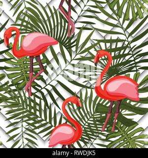Tropische moderne nahtlose Muster mit rosa Flamingos und Palmblättern auf der Geometrie Stock Vektor