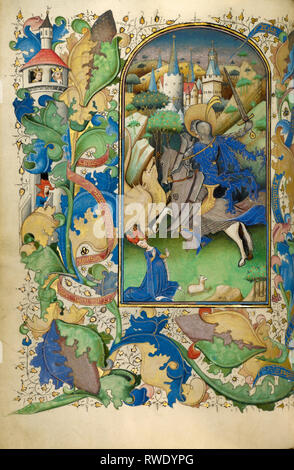 St. Georg und der Drache; Meister der Guillebert de Mets (Flämisch, aktive ca. 1410 - 1450), Gent (wahrscheinlich), Belgien; 1450-1455; Tempera col Stockfoto