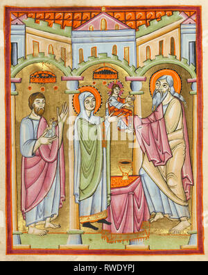 Die Darstellung im Tempel; Unbekannt; Regensburg, Bayern, Deutschland; ca. 1030 - 1040; Tempera Farben, Blattgold, und Tusche auf Pergament; Digitale ima Stockfoto