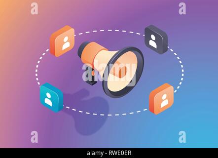 Social Media promotion Digital Marketing Konzept Lautsprecher Mikrofon Symbol Werbung und Promo isometrische 3D-ebenen und horizontalen Vektor illustration Stock Vektor