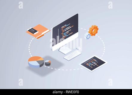Software Web site Design Entwicklung Konzept Programmiersprache Programmcode große Datenverarbeitung auf Bildschirm 3d-isometrische Coding Technologies Stock Vektor