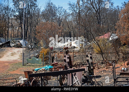 Nach der 2019 Buschfeuer in Tingha im Norden von New South Wales, Australien, südlich von Inverell, Anzeigen zerstört Home Stockfoto