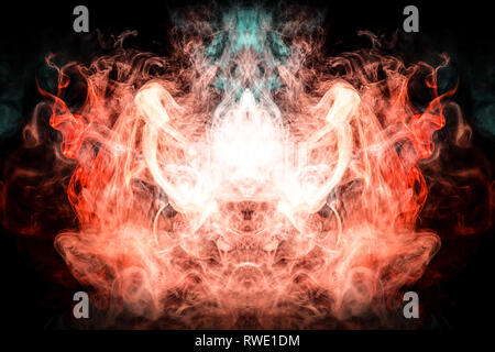 Flauschige Puffs blauen und roten Rauch und Nebel in der Form eines Schädels, Monster, Drachen auf schwarzem Hintergrund. Fantasy drucken für Kleidung: t-shirts, Sweatshirt Stockfoto