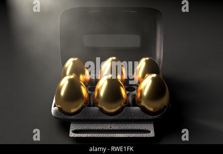 Eine Sammlung von sechs goldene Eier in einer regelmäßigen Karton Eier Karton auf einem isolierten dunklen Hintergrund - 3D-Render, Stockfoto