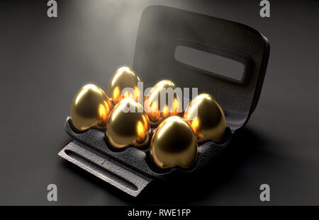 Eine Sammlung von sechs goldene Eier in einer regelmäßigen Karton Eier Karton auf einem isolierten dunklen Hintergrund - 3D-Render, Stockfoto