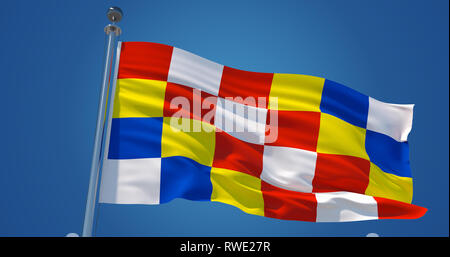 Flatternden Seide Flagge der Provinz Antwerpen, Belgien. Provinz Antwerpen offizielle Fahne im Wind gegen den klaren blauen Himmel. 3D-Rendering Stockfoto