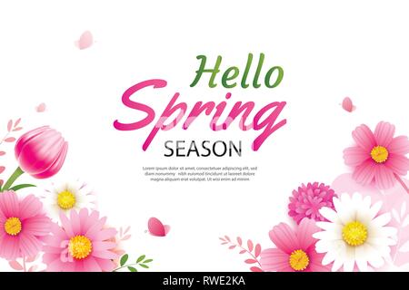 Hallo Frühling Grußkarte und Einladung mit blühenden Blumen Hintergrund Vorlage. Design für Einrichtung, Flyer, Plakate, Broschüren, Banner. Stock Vektor