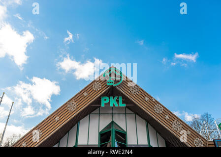 Zakopane, Poland-February 22, 2019. der Seilbahn von Zakopane Gubalowka zu montieren. Station der Standseilbahn auf den Gipfel des Gubalowka, im Jahre 1938 erbaut. Stockfoto