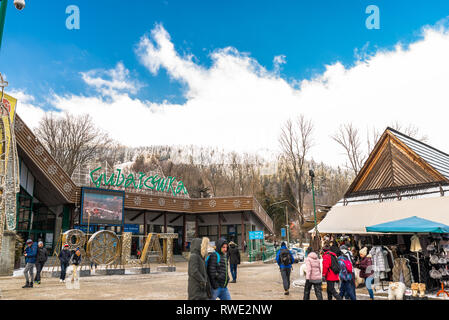 Zakopane, Poland-February 22, 2019. der Seilbahn von Zakopane Gubalowka zu montieren. Station der Standseilbahn auf den Gipfel des Gubalowka, im Jahre 1938 erbaut. Stockfoto