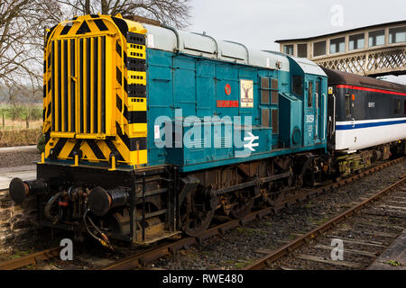 Diesel Rangierlok Motor Caledonian Railway (Brechin) D3059 Brechin City. British Rail Class 08 Lokomotiven Montrose GROSSBRITANNIEN Stockfoto