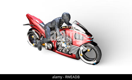 Biker Mädchen mit Helm reiten ein sci-fi-bike, Frau auf Rot futuristisches Motorrad auf weißem Hintergrund, Ansicht von oben, 3D-Rendering Stockfoto