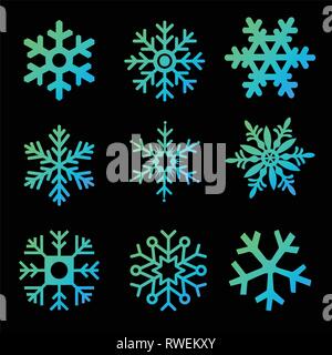 Moderne gradient Schneeflocken Vektor auf einem schwarzen Hintergrund. Vector Pack von Schneeflocken Design Vorlagen. Winter Dekoration Elemente. Vektor illustrati Stock Vektor