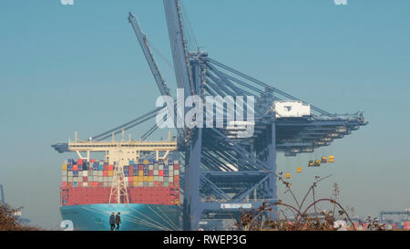 Von Landguard Point ein paar Wandern mit einem mega Riesen Containerschiff neben im Hafen von Felixstowe River Orwell Suffolk England, Unite Anker Stockfoto