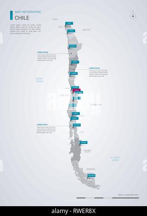 Chile Vektorkarte mit infografik Elemente, Zeiger markiert. Editierbare Vorlage mit den Regionen, Städten und der Hauptstadt Santiago. Stock Vektor