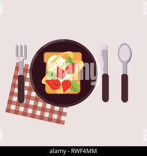 Toast mit Erdbeeren und Sahne Käse auf einem Teller mit Gabel, Messer, Löffel und Servietten Gesundes essen Vektor-illustration serviert. Stock Vektor