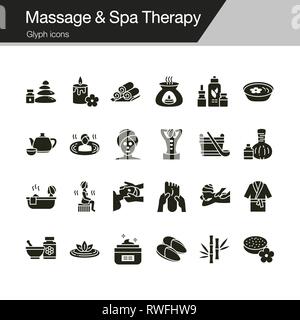 Massage und Spa Therapie Symbole. Glyphe Design. Für die Präsentation, Grafik Design, Mobile, Web Design, Infografiken, UI. Vector Illustration. Stock Vektor