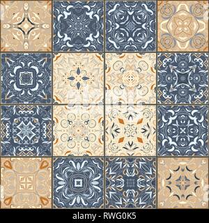 Eine Sammlung von Keramikfliesen in Blau- und Brauntönen gehalten. Eine Reihe von quadratischen Muster im orientalischen Stil. Vector Illustration. Stock Vektor