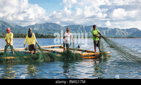 Fischer ziehen große Netze aus Bambus Floß, als Lambaklad Fischen - Tibiao, Antike - Philippinen bekannt Stockfoto