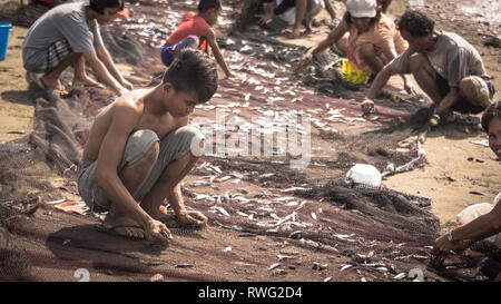 Junge und Dorfbewohner sammeln von winzigen Fisch vom Fang net-antik, Philippinen Stockfoto