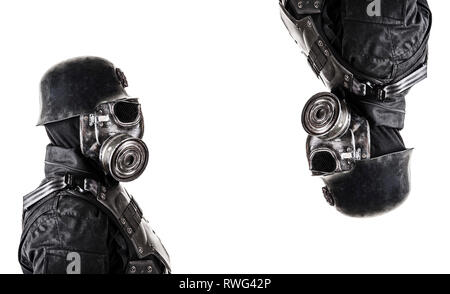 Futuristische NS-Soldaten tragen Gasmaske und Stahlhelm. Stockfoto