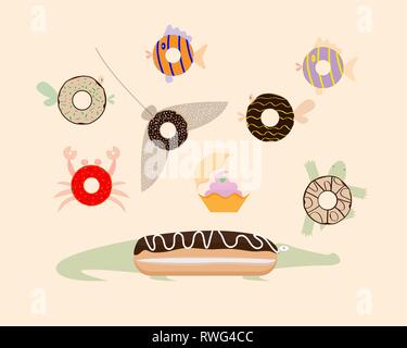 Donuts Ansicht von oben. Meer Einwohner. Vector Illustration. Stock Vektor