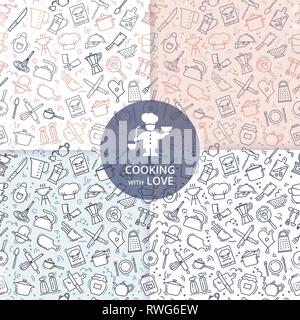 Satz von vier nahtlose Muster auf der Küche Thema mit einer Vielzahl von Küchenzubehör in verschiedenen Farben. Hintergrund für menu Design, Küchenzubehör und o Stock Vektor