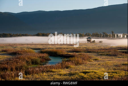 Sonnenaufgang und Nebel über Creston Valley, BC, creston Wildlife Center, Kanada Stockfoto