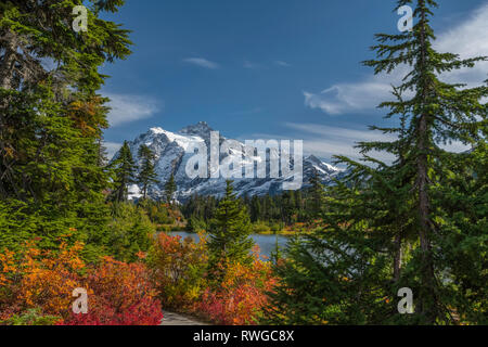 WASHINGTON - Mount Shuksan Reflecting in Picture Lake in Heather Meadows Erholungsgebiet in den North Cascades.Herbstfarben sind reichlich in der Vegetation. Stockfoto