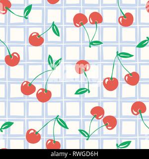 Whimsical handgezeichnete doodle Kirschen und plaid Vektor nahtlose Muster Hintergrund. Klassische Sommer Früchte abstrakten grafischen Drucken perfekt für Kinder. Stock Vektor