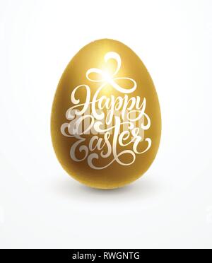 Frohe Ostern Schriftzüge auf das goldene Ei Hintergrund. Hand gezeichnet Kalligraphie und Pinsel, Stift Design für Urlaub Grußkarte und Einladung Stock Vektor