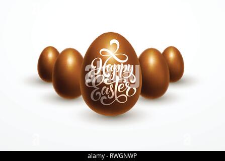 Ostern mit Schokolade Eier auf weißem Hintergrund mit Frohe Ostern Schrift isoliert. Vector Illustration Stock Vektor