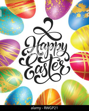 Frohe Ostern Hintergrund Vorlage mit Schriftzug mit bunten Eiern. Vector Illustration Stock Vektor